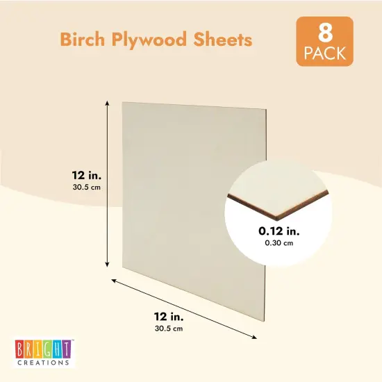 8-Pack 12x12 Wood Panels, Thin Plywood for Crafts, Painting, DIY, Art Projects, Engraving, 3 mm Birch Plywood Boards, Unfinished Wooden Signs (0.12 in Thickness) Brown {5}