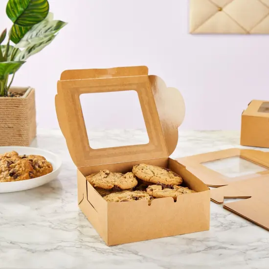 50 Pack 6x6 Dessert Boxes with Window, Bulk Bakery Containers for Cookies, Cupcakes (Kraft Paper) Brown {4}