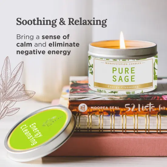 Long Lasting Pure Sage Scented Candle - 6 oz - 35 Hour Burn - Natural Soy Wax Smudge for House Energy Cleansing, Positive Vibes & Manifestation Multicolor {4}