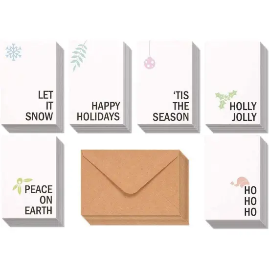 48-Pack Merry Christmas Greetings Cards with Envelopes Set, 4x6 Xmas Note Cards Box Set for Festive Seasons, Holiday Cards Bulk, 6 Minimalistic Designs White {6}