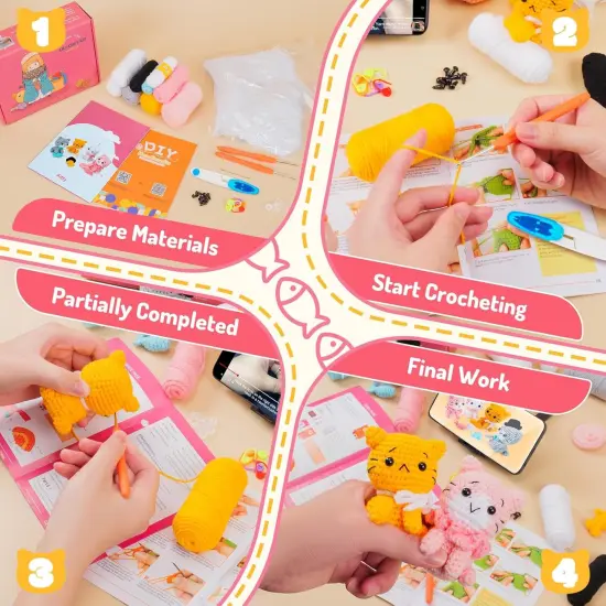 Crochet Kit for Beginners - Cat Crochet Kit Learn to Crochet Kits for Adults and Kids, 4 PCS Cat with Hat, Toy, Fish Crocheting Set {3}