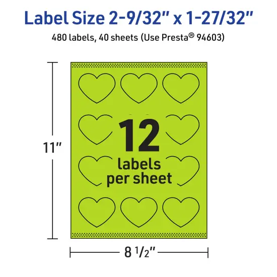 Avery Bright Green Paper Labels, 2-9/32" x 1-27/32" Heart {5}