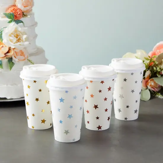 48 Pack Disposable 16oz Coffee Cups with Lids, Paper To Go Coffee Cups for Themed Birthday Party, Wedding, Baby Shower (Foil Stars) White {2}