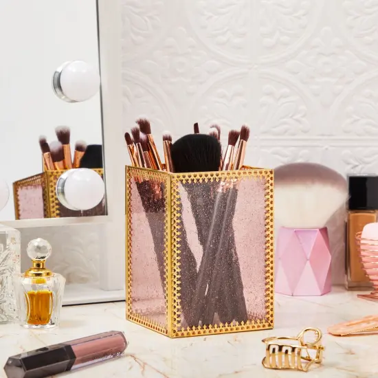 Gold Makeup Brush Holder for Vanity, Vintage Brass Frame and Pink Glass Storage Organizer {2}