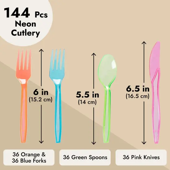 Rainbow Plastic Silverware Set, Neon Forks, Knives, and Spoons (144 Pieces) Multicolor {6}