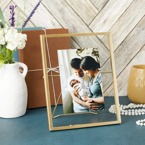 8 Pack Gold 5x7 Floating Glass Picture Frames for Tabletop, Pressed Flowers, Home Decor {3}