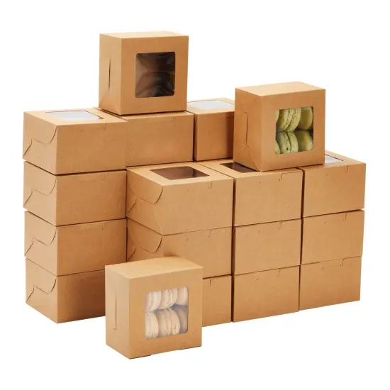 50 Pack 4x4x2.5 Mini Dessert Boxes with Window for Bakery - Baked Goods Packaging Containers for Cupcakes, Cookies, Pastry (Kraft Paper) Brown {1}