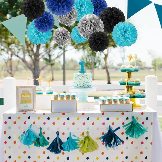 20 PCS Tissue Paper Pom Poms, Tissue Pom Poms Flowers, Sizes of 6", 10", 12", 14" Hanging Paper Flower Ball for Wedding, Birthday, Graduation, Baby Shower Party Decor (Black Silver Blue) {5}