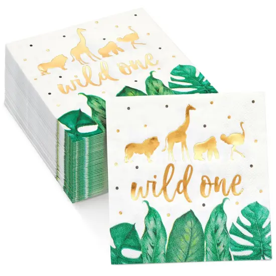 50 Pack Wild One Napkins for Jungle Safari First Birthday Party Supplies, Animal Print Napkins for Boys or Girls Party, Green Leaves with Gold Foil Accents (5 x 5 In) {1}