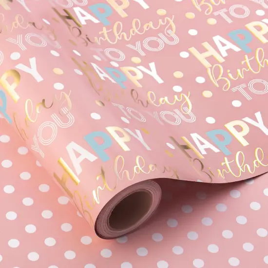 Reversible Pink Birthday Wrapping Paper Roll - 17 Inch X 33 Feet {1}