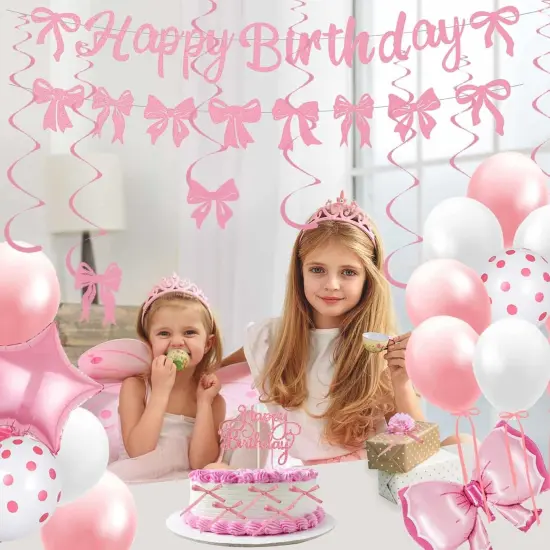 Pink Bow Party Decorations, 47 Pcs Coquette Birthday Party Decorations, Pre-Strung Happy Birthday Banner Bow Garland for Girls Birthday Baby Shower Bridal Shower Bachelorette Party Decor {4}