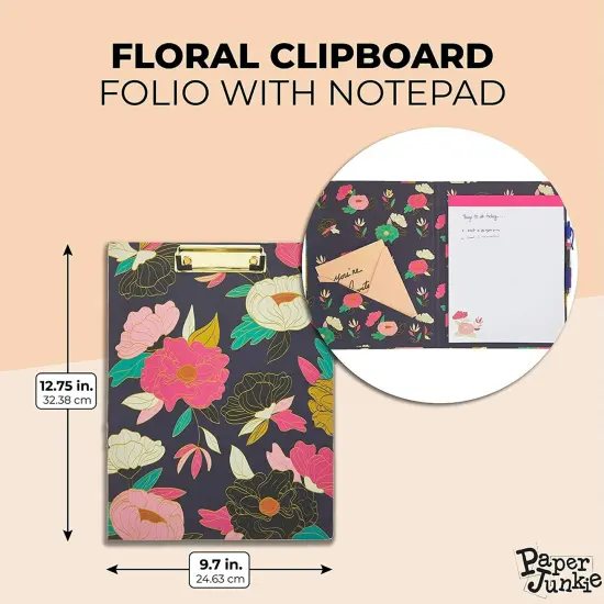 Floral Clipboard Folio with Notepad, Low Profile Clip and Interior Storage Pocket, Cute Clipfolio Business Folder (13 x 9 In) Black {3}