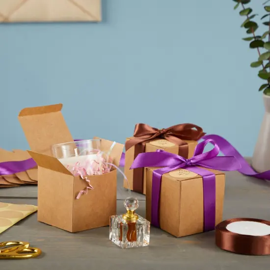 50-Pack Brown Kraft Paper Gift Boxes, 3x3x3-Inch Boxes for Party Favors with 2 Rolls of 72-foot x 0.75-Inch Satin Ribbon in 2 Colors with 50 Round Gold 1.5-Inch Stickers {2}