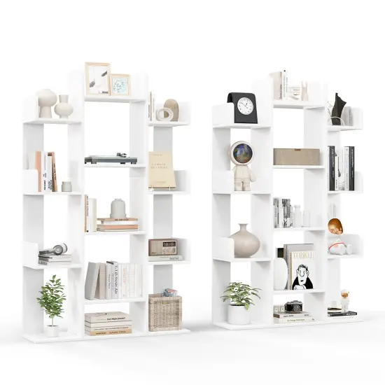 Costway 1/2 PCS Bookshelf Tree-Shaped Bookcase with 13 Storage Shelf Rustic Industrial Style White/Coffee {8}