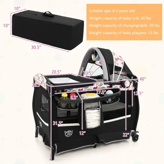 Babyjoy Pack & Play Baby Diaper Changing Table 4 in 1 Portable Foldable with Mattress Carrying Bag Black/Grey/Black+Pink {3}