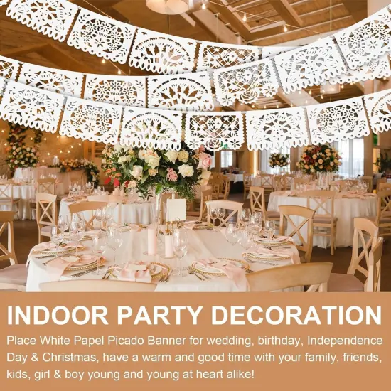 5 Pack White Papel Picado Banner, Cinco De Mayo Plastic Mexican Party Banner Wedding Fiesta Party Decoration May 5 Mexican Themed Party Decor, Mexico Birthday Party Supplies - 4 Patterns/90Ft {4}
