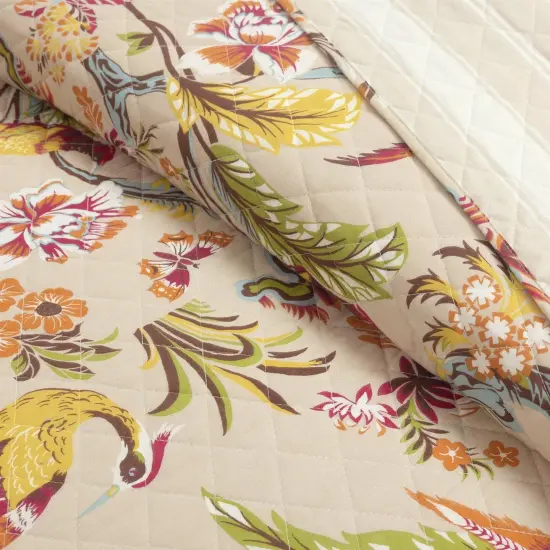 3 Piece Tan Quilt Set with Peacocks Birds Floral Design and Reversible Striped Pattern for Bedroom {2}