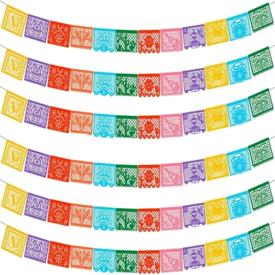 6 Packs Mexican Banners 132 Ft(22ft x 6) Papel Picado Banner, Large Plastic Mexican Fiesta Banners Cinco de Mayo Party Fiesta Decorations Mexican Themed Birthday Party Supplies 12 Patterns with String {1}