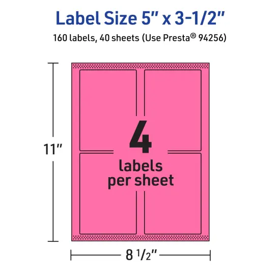 Avery Bright Pink Paper Labels, 5" x 3.5" Rectangle {5}