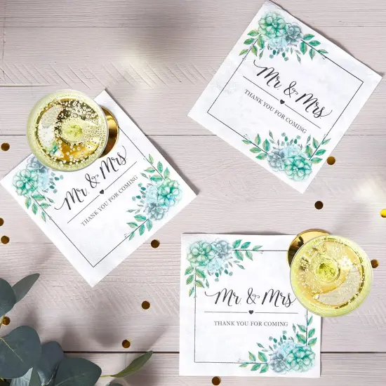 Succulent Floral Mr. and Mrs. Paper Napkins for Wedding (6.5 x 6.5 x 0.01 inches, 100 Pack) White {3}