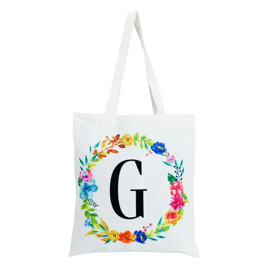 Set of 2 Reusable Monogram Letter G Personalized Canvas Tote Bags for Women, Floral Design (29 Inches) White {5}