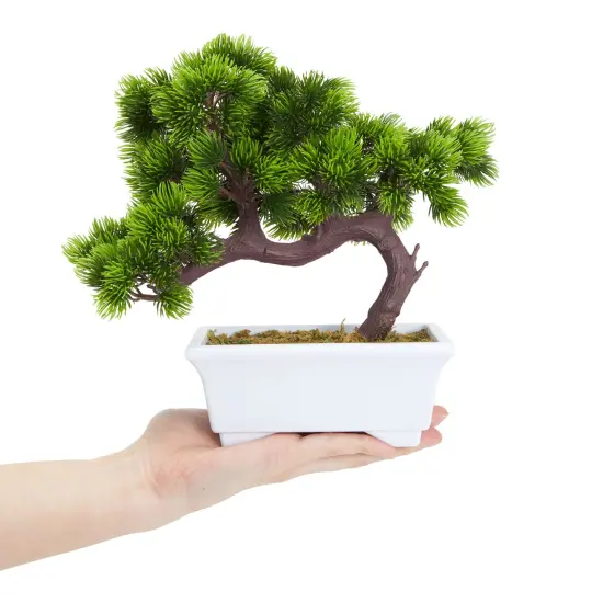 Artificial Fake Bonsai Tree for Office Desk, Potted Japanese Pine for Bookshelf Decoration, Home Decor (10 x 9 In) Green {6}