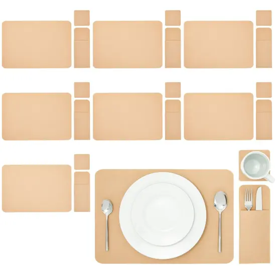 Felt Table Placemats Set of 8 for Dining Table and Kitchen Decor with Drink Coasters and Cutlery Pouches (Beige, 24 Pieces) Brown {1}