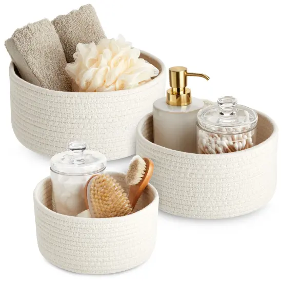 3 Pack Woven Baskets for Storage, Small Round Cotton Rope Organizing Bins (3 Sizes, White) {1}