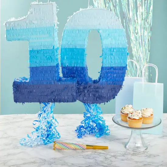 Number 0 Pull String Pinata for Boys Birthday Party, Ombre Blue (16.5 x 11 x 3 In) {2}