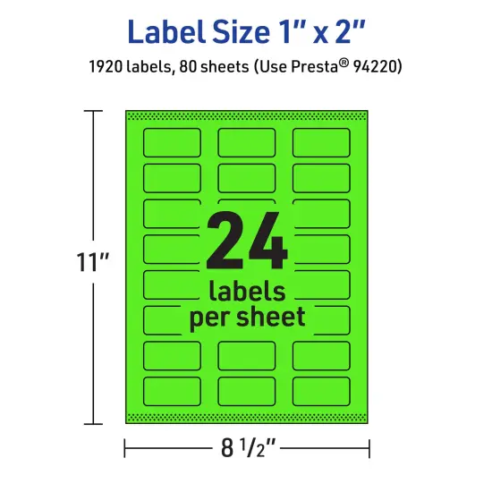 Avery Neon Green Paper Labels, 1" x 2" Rectangle {5}