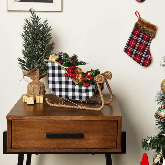 Small Santa Claus Christmas Sleigh Decoration, White and Black Buffalo Plaid Table Centerpiece for Holiday Decor (11 x 5 x 7.8 in) {3}