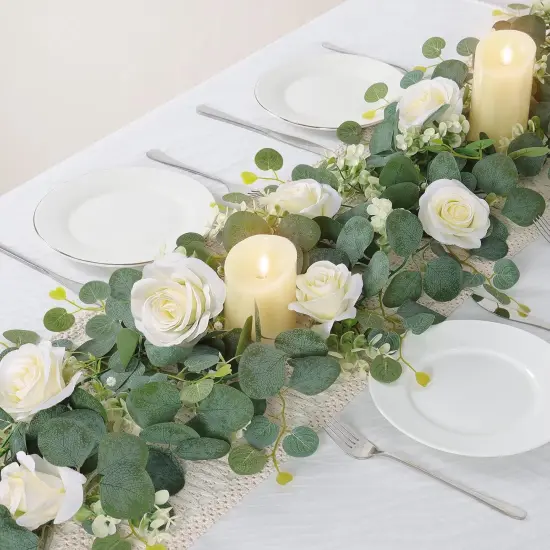 2Pcs(13 Ft) Artificial Eucalyptus Flower Garland with White Rose Flowers,Faux Rose Vine Gypsophila Garland,Floral Garland Greenery Garland for Home Party Wedding Table Decor (White, 2PCS) {2}
