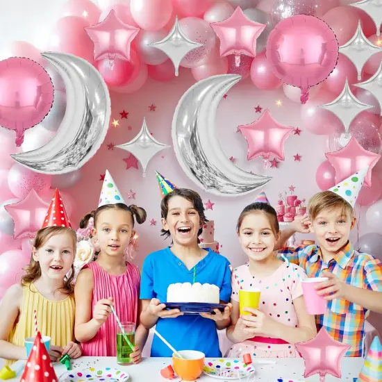 Pink Silver Moon Star Balloons,Large Moon Balloons Star Foil Balloons {2}