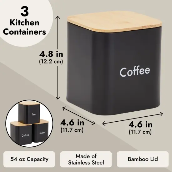 Coffee Tea Sugar Container Set - Black Iron Kitchen Canister Set with Bamboo Lids (3 Pieces, 48 oz) {3}