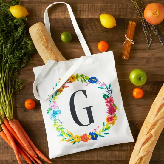 Set of 2 Reusable Monogram Letter G Personalized Canvas Tote Bags for Women, Floral Design (29 Inches) White {2}