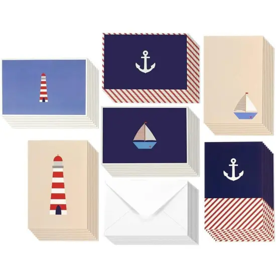 48 Pack Blank Nautical Greeting Cards and Envelopes, Boat Anchor Lighthouse (4x6 In) Blue {5}