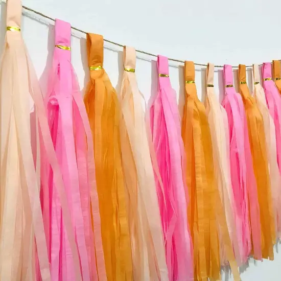 Pink Orange Peach Tissue Paper Tassels Party Tassel Garland Banner for Pumpkin Birthday Baby Bridal Shower Groovy Party Decoration, DIY Kits,15PCS {2}