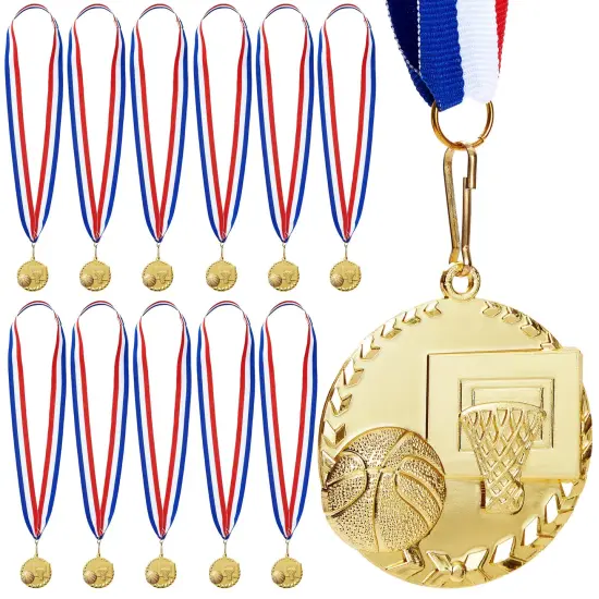 12 Pack Basketball Medals for Kids and Adults, Team Participation Trophies, Awards, Party Favors, Red, White, and Blue Stripes 15.5" Ribbon (2 in, Metal, Gold) {1}