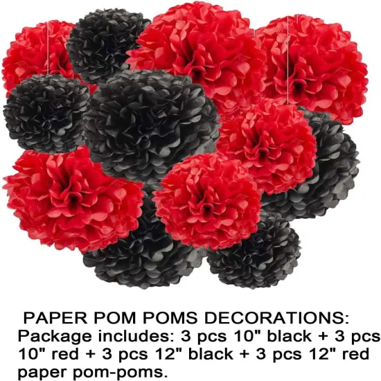 12pcs Black and Red Hanging Tissue Paper Pom Poms Decorations for Party Ceiling Wall Tissue Flowers Decorations - 2 Colors of 12 Inch, 10 Inch {2}