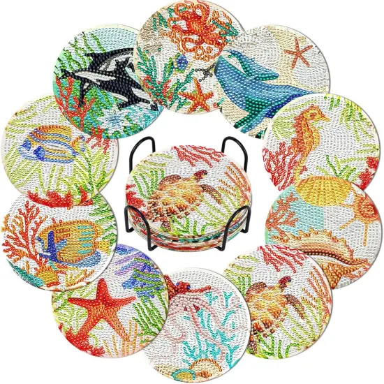 Diamond Art Painting Coasters Kit, 10 Pieces Ocean Diamond Art Coasters with Holder, DIY Diamond Arts and Crafts for Adults {1}