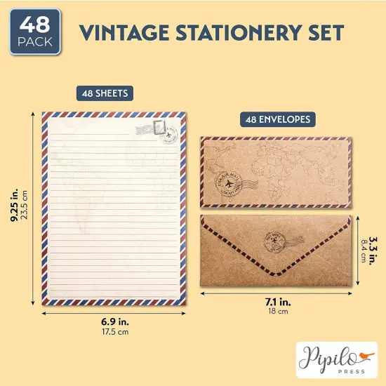 Pipilo Press 96 Pack Vintage-Style Airmail Stationery Set (48 Lined Paper Sheets with 48 Matching Envelopes) for Letter Writing, Travel Map Design Brown {3}