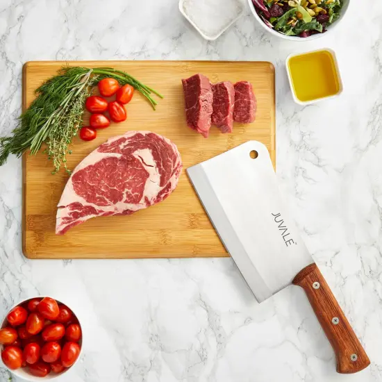 Meat Cleaver Bone Chopper for Chef, Meat Cutting - Heavy Duty Butcher Knife with Wooden Handle for Kitchen (8 Inch) Silver {3}