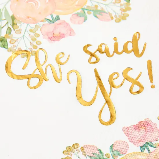 50 Pack Gold Foil She Said Yes Napkins for Engagement Party Supplies, Bridal Shower Decorations, Luncheon, Wedding Decor, Disposable, 3-Ply (White, 5 x 5 Inches) {7}