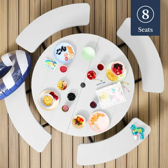 Best Choice Products 8-Person Circular Outdoor Picnic Table w/ 4 Benches, Umbrella Hole, 2000lb Capacity White {3}