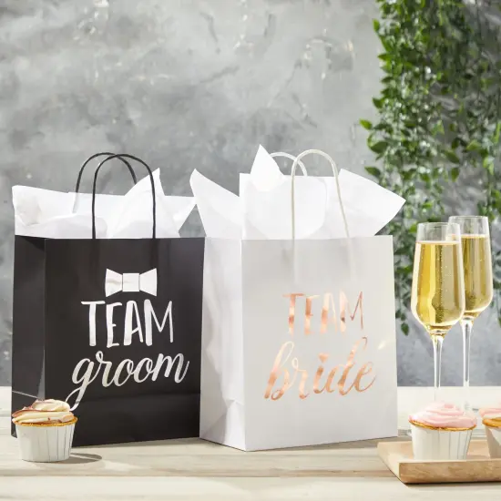 20 Pack Bride and Groom Gift Bags with Tissue Paper for Wedding, Groomsmen, Bridesmaid, Reads Team Bride and Team Groom (8 x 4 x 9 In) {4}