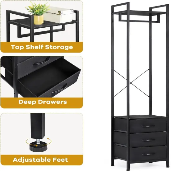 Heavy Duty Garment Rack with 3 Drawers & Shelves | 71" Tall Multi-Functional Clothing Organizer | Industrial-Strength Metal & Pine Wood Wardrobe for Bedroom, Entryway {3}