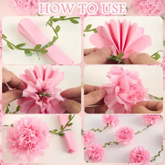 2PCS Pink Paper Flower Garland, Flower Leaves Banner Flower Pom Pom Garland Spring Hanging Paper Flower Decorations for Wall Nursery Anniversary Wedding Birthday Arch Decor (8.2ft) {2}