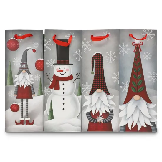 Bright Creations 12 Pack Christmas Wine Gift Bags with Tissue Paper Wrapping, 4 Gnomes Snowmen Designs for Home Party Holiday Supplies, Fun and Festive Xmas Packaging (5 x 13.6 x 4 in) Gray {6}
