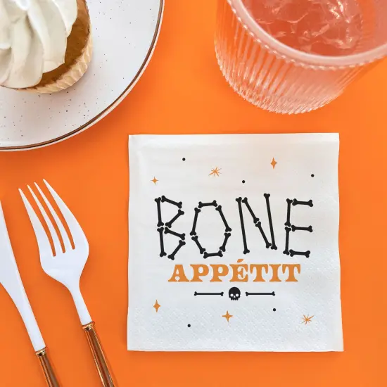 Big Dot of Happiness Bone Appetit Party Napkins, Skeleton Halloween Party Decor, White 3-Ply Paper Beverage Napkins - 24 Count {3}