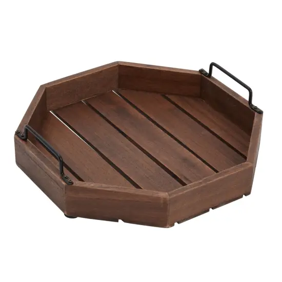 Farmlyn Creek Decorative Rustic Wooden Serving Tray with Metal Handles for Candles, Coffee Table, Farmhouse Home Decor (11.75 x 11.75 x 2.75 In) Brown {7}